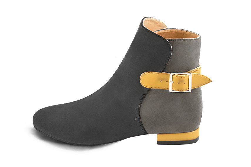 Sophisticated leather ankle boots detailed with an elegant back buckle and heel-strap finish for a distinct couture look, in charcoal gray and slate gray leather with round toe and low block heel - Florence KOOIJMAN